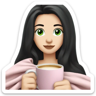 A pretty white girl with very long black hair and green eyes in a light pink blanket sipping coffee sticker