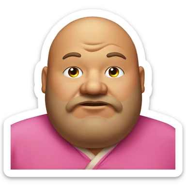 fat man with big hairy ears wearing pink robe, eyes closed, big lips and yellow teeth, duble chin and with a potato nose sticker