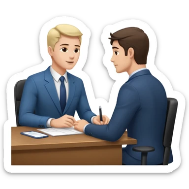 une image de 3/4 avec un recruteur à son bureau PAS DE FACE DE 3/4! qui regarde un candidat assis en face de lui. le recruteur est à droite sticker