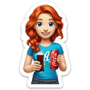 red-haired beautiful blue-eyed girl with fair skin in a T-shirt with a smiley face and a smile with a Coca-Cola in her hands sticker