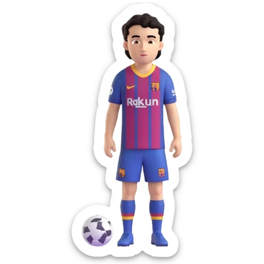 young male footballer with short curly black hair, brown eyes, confident look, in FC Barcelona kit, oversized eyes, smooth shading sticker