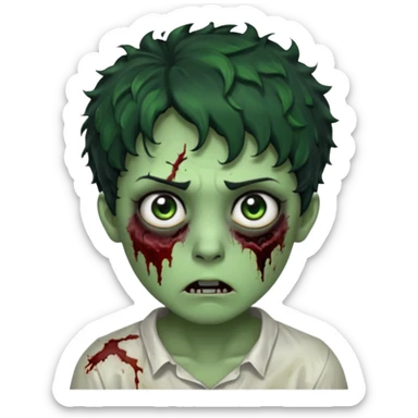 zombie character with green skin, messy short curly black hair, and no glasses. Give him large expressive eyes, a slightly frightened or eerie expression, subtle wounds, dark under-eye shadows, and a few cracks or dried blood marks on the face.  white shirt and without bleeding eyes **BLACK HAIR** sticker