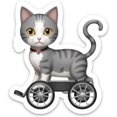 full body small short hair dark grey and white cat with hazel eyes walking in a wheelchair for cats sticker
