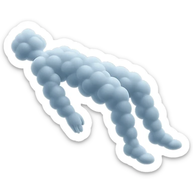 side view of unconscious person flying with torso upwards, legs and arms downwards, made of small convex white clouds, matte glass style sticker