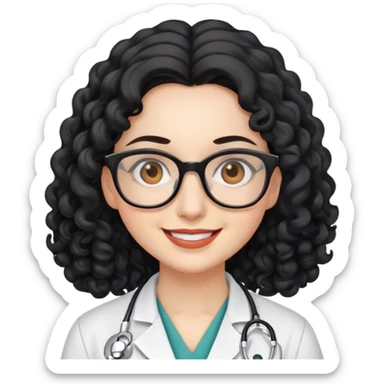 smiling doctor woman, brown eyes, white skin,  long black curly hair with glasses sticker