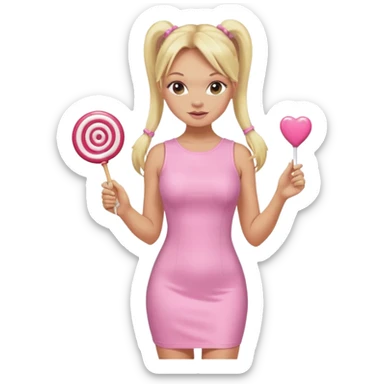 Emma Bunton with long blonde ponytails wearing light pink bodycon dress holding a lollipop sticker