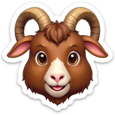 Cinematic Cute Brown Goat Portrait Emoji, Head tilted playfully and inquisitively, featuring a glossy, rich brown fur with charming curved horns, round, sparkling eyes filled with gentle curiosity, Simplified yet irresistibly adorable features, highly detailed, glowing with a warm, friendly glow, high shine, affectionate and lively, stylized with a touch of rustic whimsy, bright and endearing, soft glowing outline, capturing the essence of a mischievous yet loving goat, so playful it feels like it could trot out of the screen and into your arms! sticker