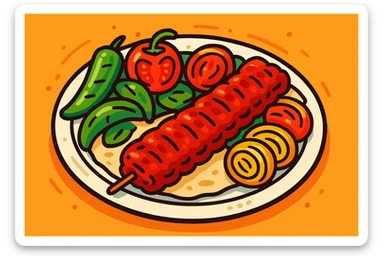 a plate of Turkish kebab with grilled vegetables, vibrant cartoon style sticker