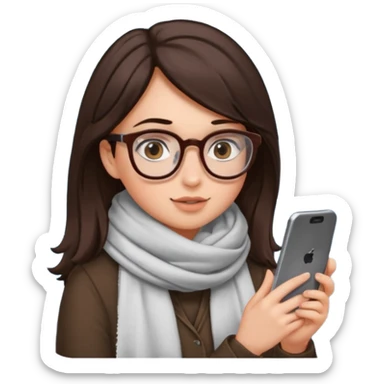 Fille châtain foncé avec lunettes. Elle porte une grosse écharpe. Elle est sur dans un toilettes. Téléphone en main sticker