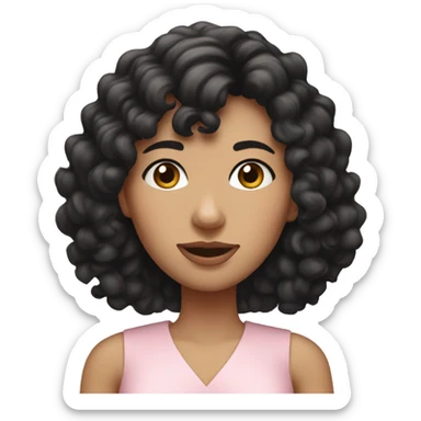 White woman with long black curly hair and bangs and dark brown eyes, wearing a pastel pink dress sticker