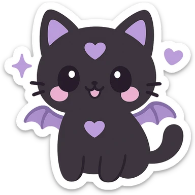 kawaii style gothic cat, cute face, black fur, purple heart markings, tiny bat wings, cheerful and magical sticker