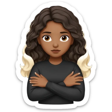 Hispanic girl dark long wavy hair crossing her arms with slight pout black long sleeve shirt sticker