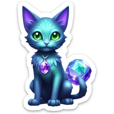 Shiny, Sparkly, Black Dark-type-Fairy-Type-Psychic-Ice-type-Fakémon-Cat Purple eyes, green gem, full body sticker