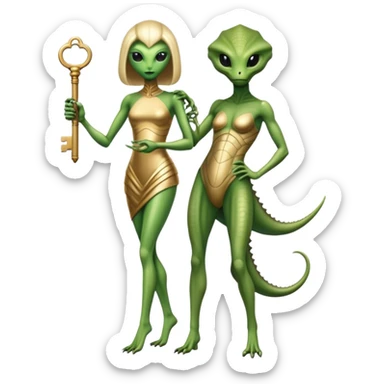 a reptilian alien woman full body, in gold dress, hold big key sticker