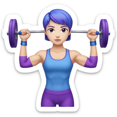 weight lift woman short blue purple har muscles bar is not growing from head sticker