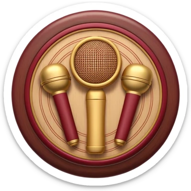 Create a warm and authentic humanless emoji representing folk singing. The design should feature a traditional folk microphone at the center, surrounded by classic instruments such as a bayan (button accordion), gusli (a traditional Russian zither), and a tambourine. Arrange these instruments in a harmonious, circular pattern to evoke a sense of folk music and community performance. Use natural, earthy colors like wood brown, deep red, and golden accents to reflect the rustic and heartfelt spirit of folk music. Add subtle musical notes to the background to convey the rhythm and harmony of the performance. The background should be transparent. sticker