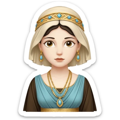 An emoji portrait of a Greek noblewoman. She wears a peplos dress with intricate folds and gold jewelry. Her expression is calm and intelligent. sticker