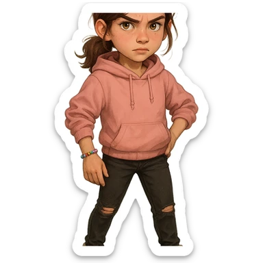 13-year-old girl with shoulder-length chestnut brown hair sometimes in a loose ponytail, hazel eyes with gold flecks, wearing a soft pink hoodie, black ripped jeans, white high-top sneakers, beaded friendship bracelet on wrist, casual cute style, bold curious expression with hint of suspicion, short agile brave presence sticker