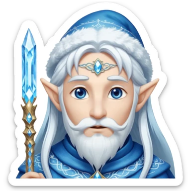 Legendary fantasy Christmas elf portrait icon, Santa Claus and Snow Maiden inspired, ancient winter spirit style, long flowing white-blue hair, glowing frost eyes, crystal staff, elegant elven features, divine winter magic aura, icy silver color palette, highly detailed but clean emoji icon male sticker