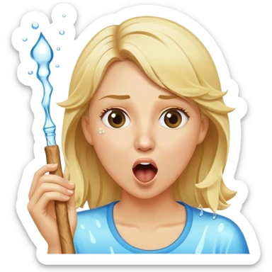 blond woman eating a stick the same color as her skin, water stream squirting directly from the stick into her open mouth, surprised expression sticker