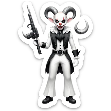 full-body muscular demonic clown in a black and white leisure suit with bellbottom pants, bald, with black ram horns, flashy black and white belt, ruffled white shirt, no neck tie, large fangs, holding a very large futuristic rifle sticker