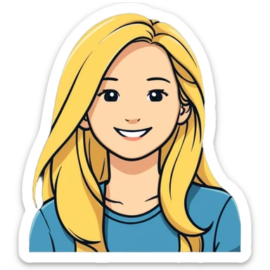 woman with long blonde hair, smiling, head tilted slightly, sticker style sticker