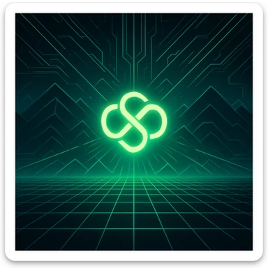 futuristic neon digital artwork with symmetrical layout, central glowing logo resembling an abstract knot or infinity symbol emitting bright green light, background with grid pattern on lower half, upper half with stylized mountain shapes, geometric lines and patterns in green and blue, radiating lines from logo, sense of depth and movement sticker