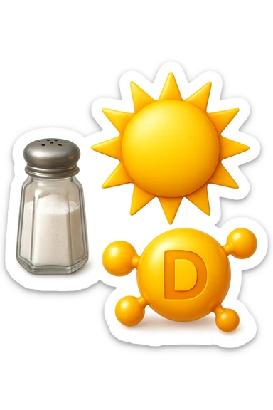 emoji stile iphone di una boccetta di sale, un sole, una particella chimica di VITAMINA D, IPERREALISTICO 4K sticker