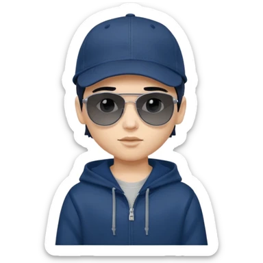 generate a fair pretty bratz boy wearing a dark blue baseball cap with black sunglasses and a grey hoodie

hair black  sticker