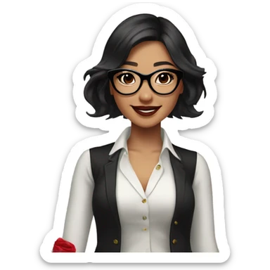 Asian girl, smiling with teeth, fair skin, black long hair, black eyes, black glasses with gold frames, red lipstick, wearing a white lace tank top and a black office jacket on top, with pink and red roses around her. sticker