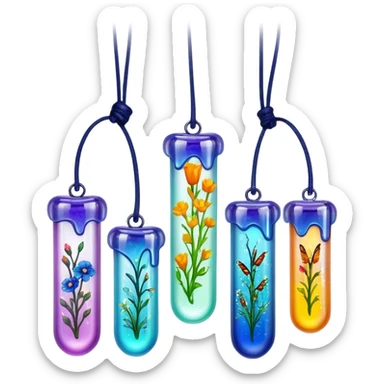 Create an icon that represents decorative arts using epoxy resin. The design should feature colorful tubes of resin, including fluorescent resin tubes, with visible drops or strokes of resin being applied to create intricate designs. Include finished resin jewelry pieces, such as pendants or rings, containing preserved flowers and insects encased in clear resin. The composition should feel vibrant, artistic, and delicate, showcasing the unique beauty of resin art with natural elements. The background should be transparent sticker