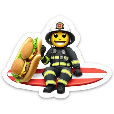 Firefighter eating a cheeseburger while on a surfboard sticker
