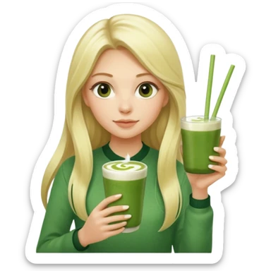 blonde luxury long hair girl with 1 cup of matcha latte and 2 straws sticker