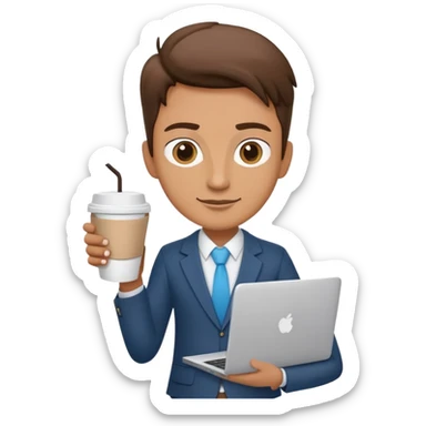 business owner confidently, holding a closed laptop in one hand and a takeaway coffee cup in the other. The character wears casual-smart clothes. sticker