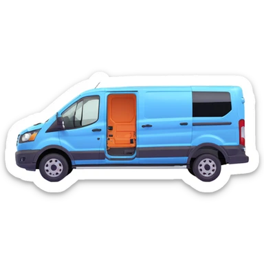 electric light blue Ford Transit passenger van, side profile, front facing right, with subtle shadow sticker