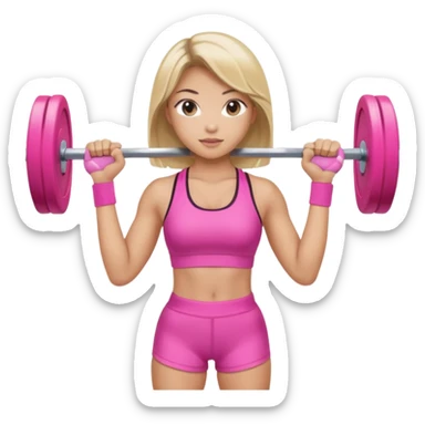 An Asian lady with gray eyes, balayage hair, blonde highlights, in a pink gym outfit, holding a pink barbell  sticker