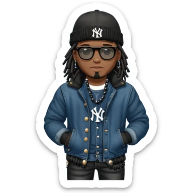 African American man with shoulder length black dreadlocks with black bead wearing black sunglasses with wearing denim skinny jeans wearing black bubble winter coat wearing black New York Yankees baseball hat and  timberland boots with arms folded sticker