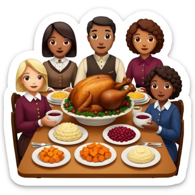 Thanksgiving Dinner with 6 friends of all different races around the table; have the food be a cooked turkey, mashed potatoes, corn, a basket of biscuits, a small bowl of cranberry sauce, baked yams, steamed vegetables, and a bottle of wine. sticker