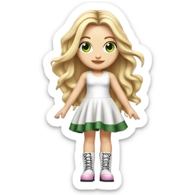 Realistic White girl with Long straight blonde hair, green eyes, tattoos, full body wearing white dress and pink knee-high leather boots, doing cute pose sticker