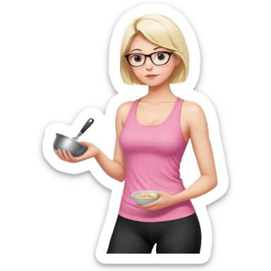 View from knees up, view from the back, fair skinned woman, thick milf, short blond hair, small reading glasses, cooking dinner in kitchen, pink loose tank top, showing natural B cup breast shape SFW, black yoga pants, large curvy booty sticker