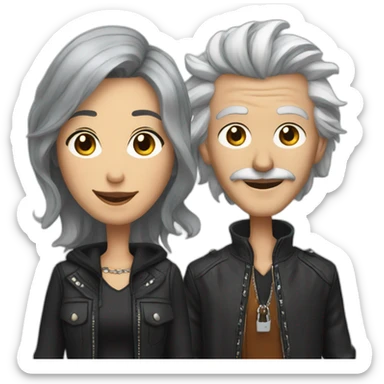 grey-haired fashionable woman, next to male punk with long brown hair and a mustache and a lip ring, smiling sticker
