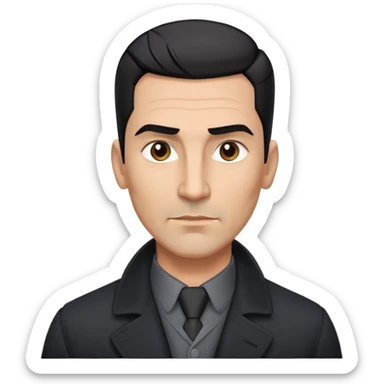 Athletic Hispanic man in his 40s-50s with light brown skin, short straight black hair slicked back with fade on sides, square face with strong jawline, thick eyebrows, wide nose, wearing black overcoat with gray buttoned shirt underneath sticker