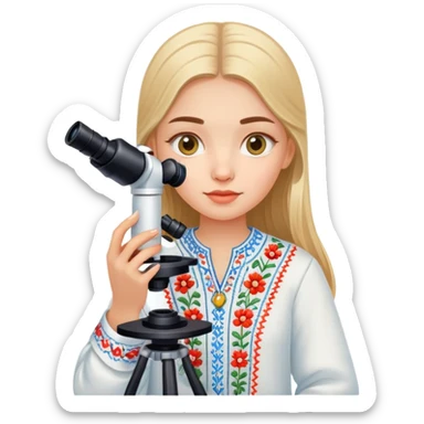 Ukrainian girl in traditional embroidered vyshyvanka shirt holding a microscope sticker