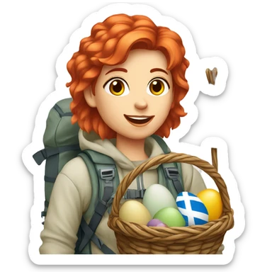 Female winter mountaineer red hair white skin climbing with Greek Flag and Easter eggs basket sticker