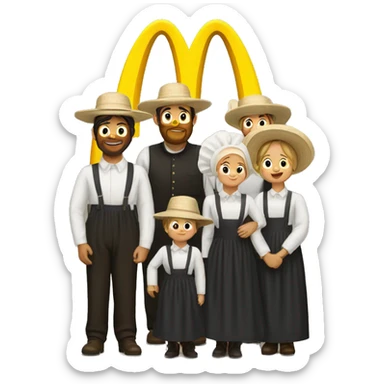 Amish family wearing bonnets under big McDonalds Golden Arches sticker