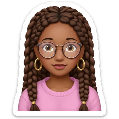 cute  black adult girl with glasses and braids that are long which are brown, and some blush on her cheeks , in a pink sweater and some gold hoop earings . sticker