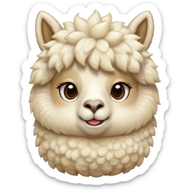 Cinematic Cute Cream Alpaca Portrait Emoji, Head tilted playfully and inquisitively, featuring a fluffy, cream fleece with a natural sheen, round, sparkling gentle eyes filled with curiosity, Simplified yet irresistibly adorable features, highly detailed, glowing with a warm, friendly glow, high shine, affectionate and gentle, stylized with a touch of whimsy, bright and endearing, soft glowing outline, capturing the essence of a mischievous yet loving alpaca, so playful it feels like it could prance out of the screen and into your arms! sticker