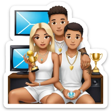 Breaking news Internet celebrity Josh King Madrid jetset wearing shiny diamond earrings and sparkly iced out diamond tennis necklace chains with Instagram model girl tefi valenzuela sitting with him holding gold internet celebrity trophy on tv show in Miami sticker