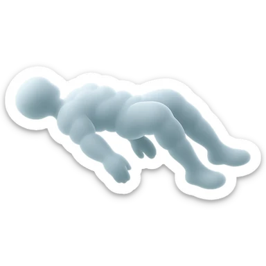 side view of unconscious person flying torso up, legs and arms down, made of small very bright white fluffy convex clouds, matte glass style sticker