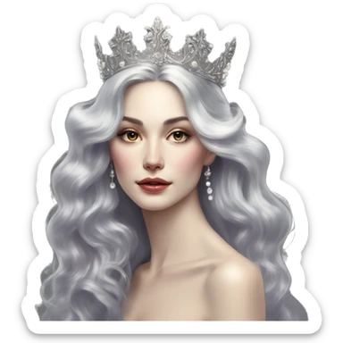Regal pretty slender woman photograph defined cheekbones high cheekbones crown vintage with very long iridescent black and silver hair wavy long hair pearl crown iridescent sticker